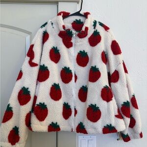 Cider Strawberry Print Sherpa/Teddy Jacket